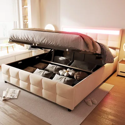 Immagine prodotto di Letto imbottito 180x200cm, luci LED, rete a doghe, letto singolo idraulico, tessuto in velluto olandese, beige