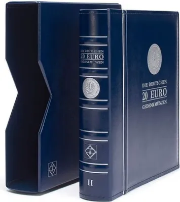 A blue coin album and its protective slipcase are displayed side-by-side against a white background.