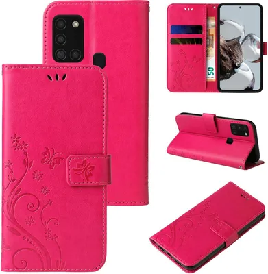 Produktbild von Handyhülle für Samsung Galaxy A21s Floral Blumen Schmetterling Flip Cover Hülle Case Klapphülle Handytasche Farbe: Pink