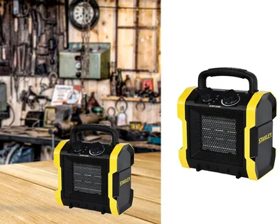 A collage showing a portable heater in a workshop setting and a separate product shot.