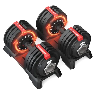 Obrázek produktu pro SONGMICS Sada 2 nastavitelných činek, 12 v 1, 3 kg až 24 kg, se stojanem, černá a červená
