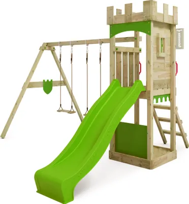 Image de FATMOOSE Tour de jeux TreasureTower avec balançoire & toboggan, tour à grimper avec bac à sable, échelle & accessoires de jeu - vert pomme