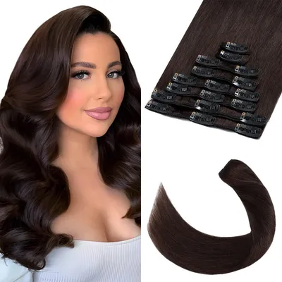 Zdjęcie produktu dla Pasemka do włosów typu clip-in, naturalne włosy, zestaw 8 sztuk, ciemnobrązowy kolor, 20 cm długości