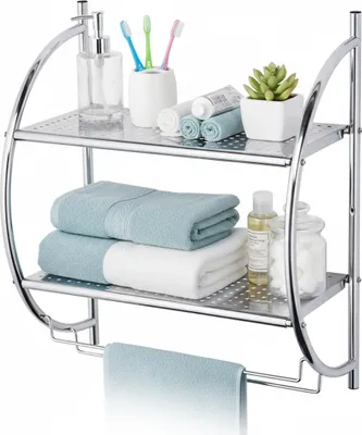 Produktbild von Relaxdays Badregal, Wandregal mit 2 Ablagen, 2 Handtuchstangen, HBT 54,5 x 44,5 x 25,5 cm, Badezimmer, Edelstahl, silber