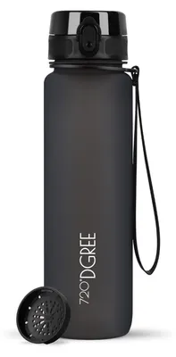 A black water bottle with a black lid and a black strap, shown with a black sieve attachment.