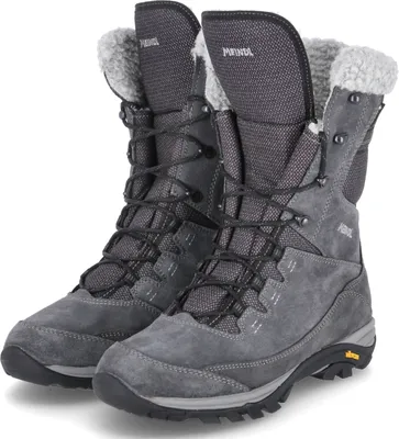 A pair of grey winter boots for women.