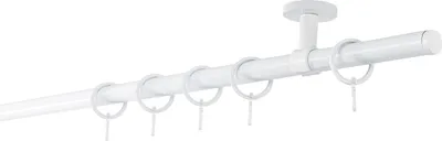 A white curtain rod with rings and a ceiling mount, isolated on a white background.