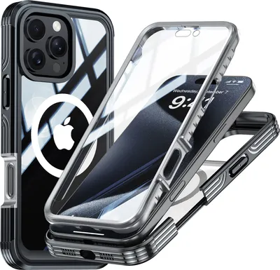 Produktbild von Handyhülle für iPhone 16 Pro Max Kompatibel mit Magsafe, 360 Grad Ganzkörper Schutzhülle Transparent Rückseite mit integriertem Displayschutz Schwarz
