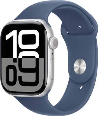 A close-up studio shot of an Apple Watch with a blue sport band.
