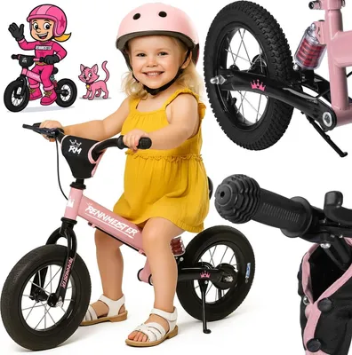 A collage of images featuring a young girl on a pink balance bike, along with illustrations and close-ups of the bike's components.