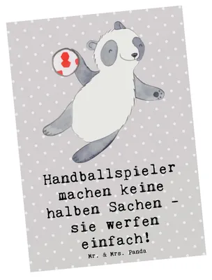 Produktbild von Mr. & Mrs. Panda Postkarte Handball Wurf - Grau Pastell - Geschenk, Sport, Sportler, bildkarte, Ansichtskarten, Grußkarte, Teamgeist, Sportarten, Sportart, Teamsport