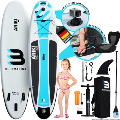 Produktbild von Bluemarina SUP Board Ariki Kid | Stand Up Paddle - Aufblasbar mit Pumpe - Rucksack - 3 Finnen-System - Drop Stitch - Bis 90 Kg (230x65x10cm / 7'7")