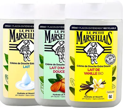 Obrázok produktu pre Súprava sprchového gélu Le Petit Marseillais "Lovely": vanilka, mlieko, mandle - balenie 3 ks