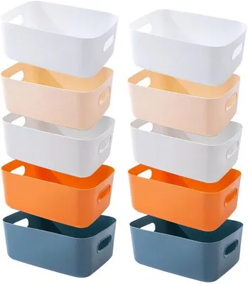 Produktbild von Unyqoos® 10er Aufbewahrungskorb-Set aus hochwertigem Kunststoff – Weiß/Grau/Blau, 3 Größen (30×20×12 / 25×18×10 / 20×15×7 cm), druck- und formbeständig, mit Griffen, stapelbar