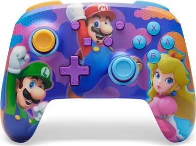 A Nintendo Switch controller with Mario characters printed on it.