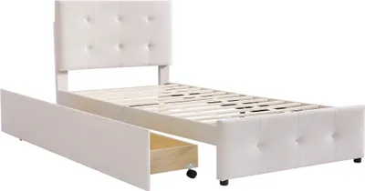 Produktbild von Merax Polsterbett 90x200cm mit höhenverstellbarem Kopfteil, Holzbett Einzelbett mit zwei Schubladen und Lattenrost, Samt Jugendbett Kinderbett, Beige