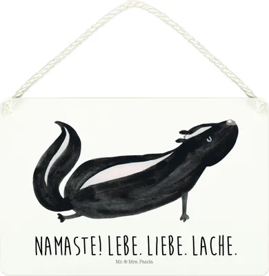 Produktbild von Mr. & Mrs. Panda Schild Stinktier Yoga DIN A4 - Weiß - Geschenk, Liebe, holzbild, wandhänger, wandtafel, Wildtier, Holzschild, Namaste, Lebe, Raubtier, Türschild