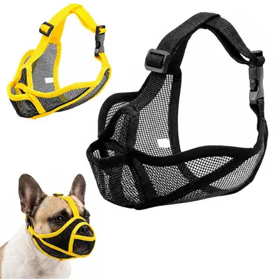 Produktbild von 2er-Set Maulkorb Französische Bulldogge, schwarz & gelb, Größe M – atmungsaktiv, verstellbar, Baskerville-Stil, Giftköderschutz & Fressschutz