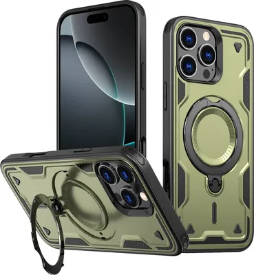 Produktbild von Dual Layer Hülle für iPhone 16 Pro Max Metall Ring Ständer Magnetisch Stoßfest Militär Handyhülle Grün