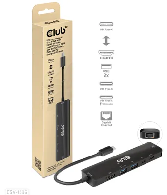 Immagine prodotto di Club3D hub USB-C, 6-in-1 Hub s HDMI 8K30Hz, 2xUSB Type-A, RJ45 a 2xUSB Type-C, Data a PD nabíjení 100W
