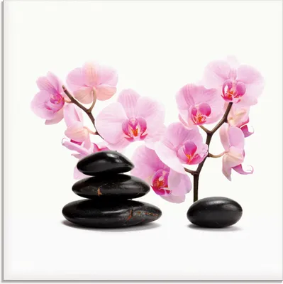Produktbild von ARTland Glasbild Schwarze Steine und pinke Orchidee Größe: 20x20 cm