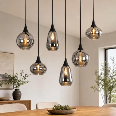 Produktbild von ZMH Pendelleuchte Esstisch Hängelampe 85cm E27 Vintage 6 Flammig Küchenlampe Glas Rauchgrau Hängeleuchte Höhenverstellbar Pendellampe für Esszimmer