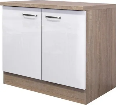 A studio shot of a kitchen cabinet with two white doors and a wood-grain effect frame and countertop.