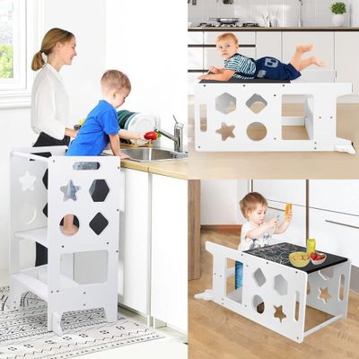 Dripex Küchenhelfer, höhenverstellbar Tritthocker mit Sicherheitsschiene und doppelseitiger Staffelei, Lernstuhl Tritthocker für Kinder, Weiß Sternform