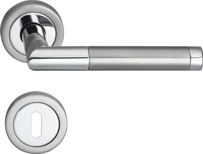 A product shot of a door handle set, including the handle and a keyhole escutcheon, against a white background.