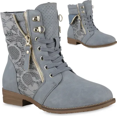 A pair of grey lace-up ankle boots with a side zipper and lace detailing is shown from the front and a smaller image of the same boot is shown in the background.