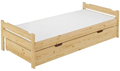 Produktbild von Bett Kiefer massiv 90x200 Einzelbett Singlebett Massivholz Zubehör wählbar V-60.31-09Rollrost. Matratzen und Bettkasten inkl.