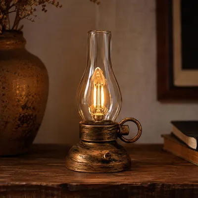 Produktbild von Stimmungslaterne im Ollampen - Stil - Altgold - 20 cm - Metall - LED - Licht - batteriebetrieben