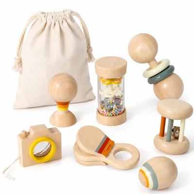 Produktbild von 7pcs Holzspielzeug-Set für Babys,Montessori-Spielzeug,für1–3 Jahre,Rasselspielzeug,fördert Greifen&sensorische Entwicklung,Geschenk für Jungen&Mädchen