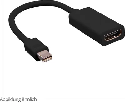 A black adapter cable with a Mini DisplayPort connector on one end and an HDMI connector on the other, shown against a white background.