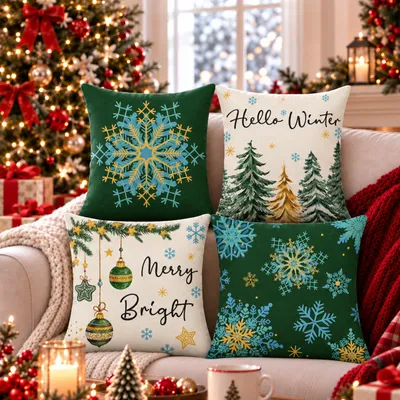 Image de Lot de 4 housses de coussin de Noël, 45 x 45 cm, couleurs variées, mélange de lin, pour décoration de canapé ou de chambre