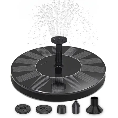 A solar-powered water fountain with multiple nozzle attachments, shown against a white background.