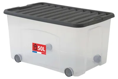 Aufbewahrungsbox 50L mit Rollen, Clipdeckel, Grau, transparent