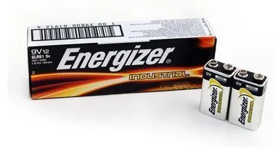 A box of Energizer Industrial 9V batteries and two individual batteries are shown on a white background.