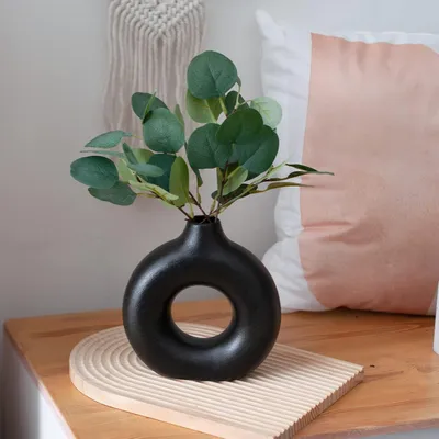 Produktbild von Schwarze keramische Donut-Vasen für moderne Wohnkultur - runde matte Vase für Pampagras im neutralen Boho Skandinavischen minimalistischen Stil (groß)