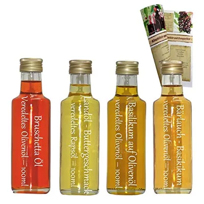 Produktbild von Öl Geschenkset & Probierset | 4 x 100ml Öl | Bruschetta Öl - Landöl - Buttergeschmack - Basilikum auf Olivenöl - Bärlauch Basilikum Öl | mit Rezeptbroschüre