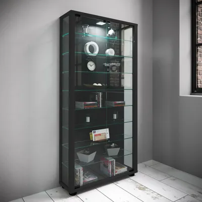 Produktbild von VCM Glasvitrine stehend | Vitrine Glas mit ESG-Sicherheitsglas | Maße ca.H. 113 x B. 59 x T. 18 cm | Standvitrine Glas | Modern und platzsparend | Glas Vitrinenschrank – Lumo Maxi