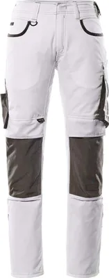 A pair of white and dark gray work pants are shown against a white background.