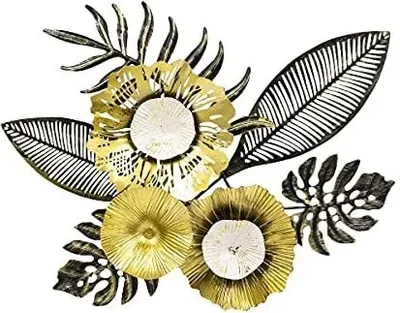 Produktbild von Mex 3D Wandbild aus Metall mit Blumen Metallbild Gartendeko Dekowandbild Wanddeko aus Metall Gold Schwarz Weiß 50 x 40cm