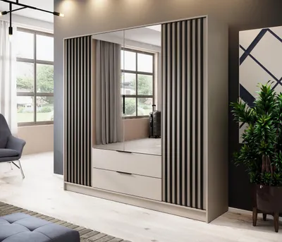 Produktbild von Masseno Drehtürenschrank NELIANA 206/200/51 cm 4-türig Schlafzimmer Schrank Kleiderschrank mit Spiegel Kaschmir