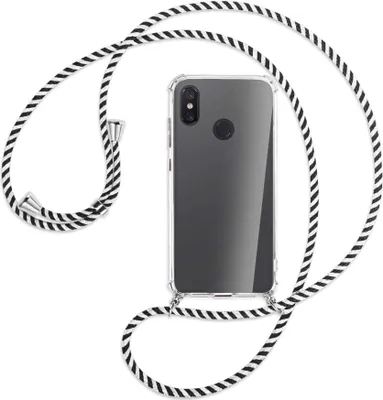 Produktbild von Handykette Backcover-Schutzhülle mit Band (Metall silberfarben) für Xiaomi Mi 8 / Mi 8 Pro - schwarz/weiß gestreift