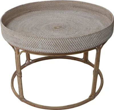Produktbild von Geflochtener Runder Kaffeetisch, Beistelltisch, Couchtisch aus Rattan in 3 Größen - Weiß, Holz, Größe: D70cm H50cm, 50*60*60 cm
