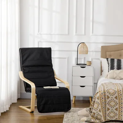 Imagen del producto de Sillón reclinable Sweiko, tumbona, reposapiés ajustable, cojín, madera y color negro, 66,5 x 94 x 100 cm