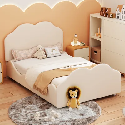 Produktbild von Flieks Kinderbett 90x200cm mit Lattenrost, Polsterbett Jugendbett mit wolkenförmigem Kopf- und Fußteil, Einzelbett Holzbett Bodenbett, Samt, Beige
