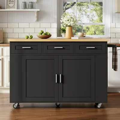 Imagen del producto de Isla de cocina móvil con encimera plegable, carro de cocina de MDF, 120x45(70)x84 cm, 3 cajones, enchufes y ruedas