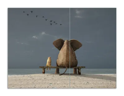 Produktbild von Wallario Herdabdeckplatte aus Glas, Größe 70 x 52 cm 2-teilig, Motiv Elefant und Hund sitzen auf einer Bank